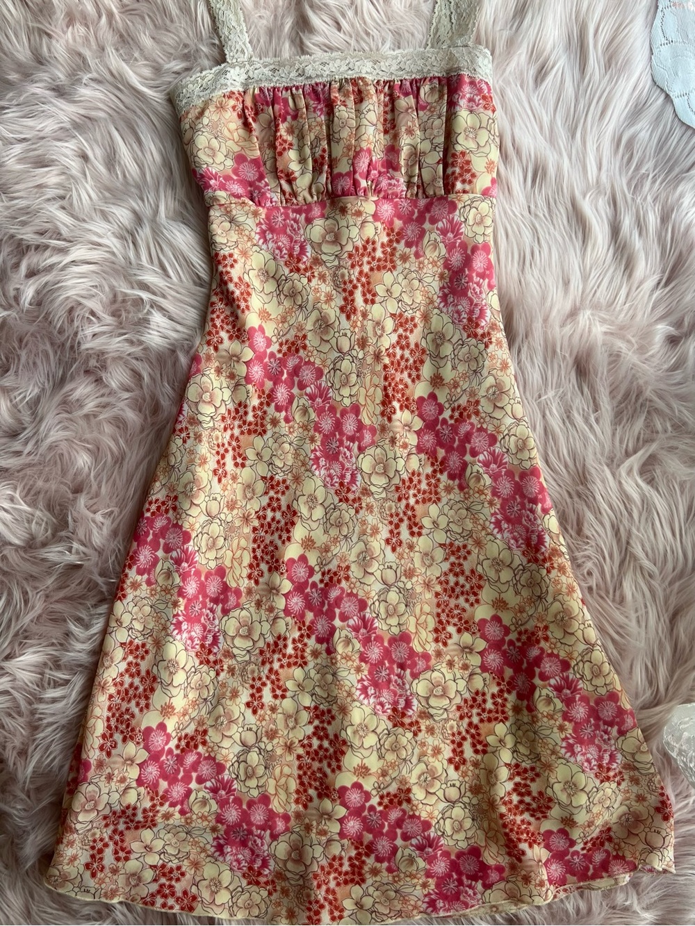 Vintage dELiA*s Pink & Cream Floral Lace-Trim Midi Dress